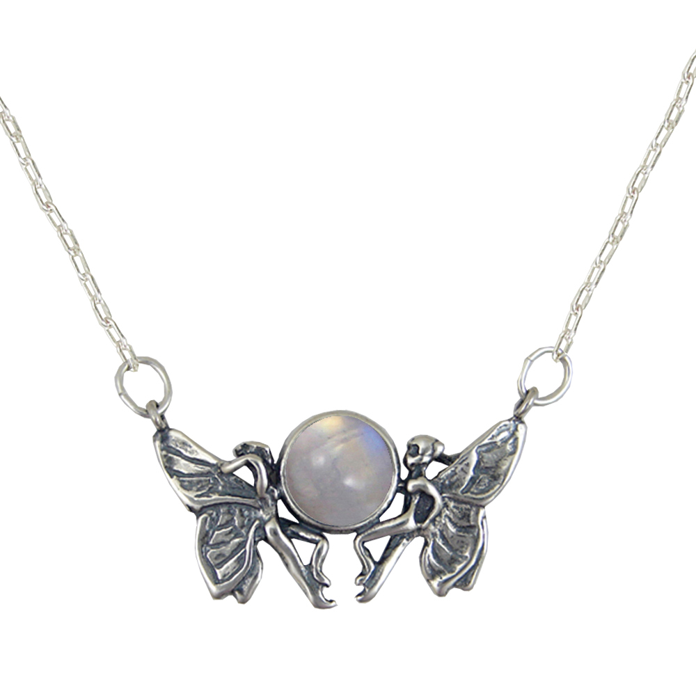 Sterling Silver Pair of Fairies Necklace With Rainbow Moonstone